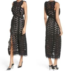 Self-Portrait Cutwork Suede Lace Midi Dress Black